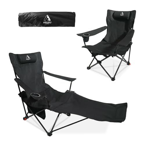 2-in-1 Reclining Camping Chair, Portable Folding Beach Lounge Chair with Footrest & Adjustable Backrest, Comfortable Lawn Chair for Adults Heavy Duty with Cup Holder for Outdoor Poolside Sports - color: Black, size: 1 Pack