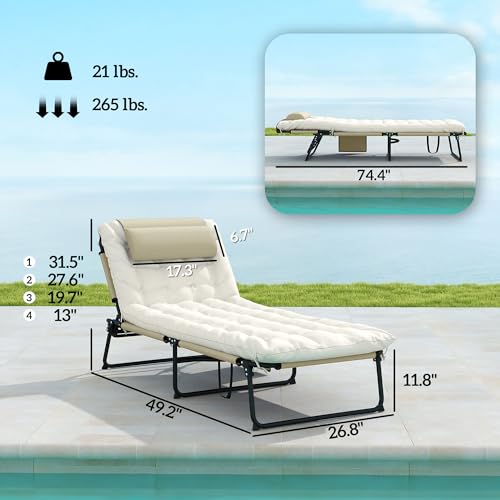 Outsunny Folding Chaise Lounge with 4-Level Reclining Back, Outdoor Tanning Chair with Cushion, Outdoor Lounge Chair with Breathable Mesh Fabric, Side Pocket, Headrest, Beige - color: Beige