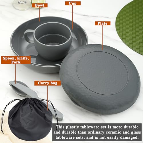 Berglander Camping Mess Kit with Bowl, Plate, Cup, Spoon, Fork, Knife and Carry Bag, Plastic Camping Accessories Essentials Gear for Travel, Camping, Picnic, Outdoor, Easy to Carry & Store - color: 2.Gray