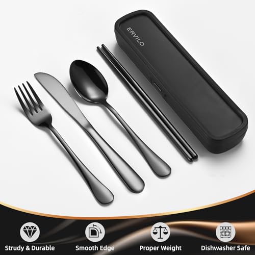 Travel Utensils with Case, Stainless Steel Camping Cutlery Set, Reinforced Case with Snap-Lock Closure, Include Fork Spoon Knife Chopsticks, Portable Lunch Box Silverware for Picnic Office, Black - color: Black