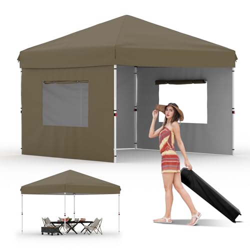 10x10 Pop Up Canopy with 3 Sidewalls - Easy Up Camping Tent with One Button Push Setup - 1 Roller Bag, 3 Adjustable Height, 4 Weight Bags for Deck, Garden, Sports, Beach, Party - Brown - color: Brown, size: 10x10