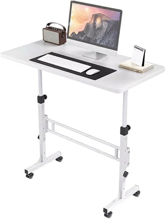 Portable Standing Desk Adjustable Height 27.5"-43.3", Small Computer Desk with Wheels, Foldable Home Office Desk, Folding Table for Laptop, Rolling Desk for Small Space, White