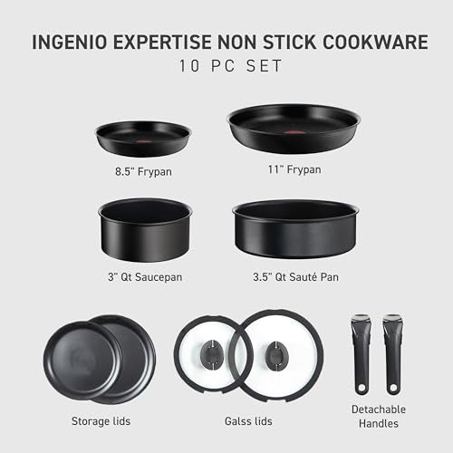 T-fal Ingenio Expertise Non Stick Cookware Set 10 Piece, Induction, Oven Broiler Safe 500F, Stackable Cookware, Pots and Pans Set, RV, Camping, Frying Pans, Dishwasher Safe, Detachable Handle,Black - color: Black, size: 10-Piece