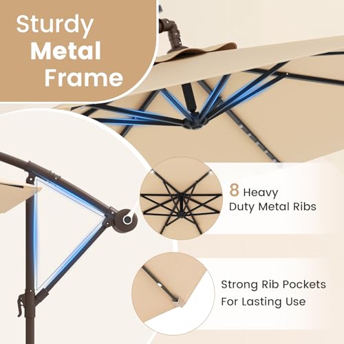 Tangkula 10FT Offset Patio Umbrella with Base Included, Outdoor Cantilever Umbrella with 40 Solar LED Lights, Tilt Adjustment, Crank Handle, Vented Top, Sand Bags for Pool Yard Deck (Beige) - color: Beige