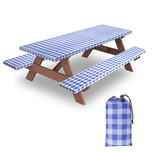 6ft Picnic Table and Bench Cover, Camping Essentials RV Gear, 72in Waterproof Windproof Outdoor Elastic All Around Tablecloth, Fitted Rectangle Tables and Seats, Blue-White Checkered - color: Blue-white Checkered, size: 72"