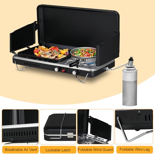 Bonnlo 2-in-1 Camping Stove with Propane Griddle, 15000 BTU Portable Gas Stove with Auto-Ignition, Foldable Windshield & Carry Handle, Camp Stove for Outdoor Cooking, BBQ, Frying, Camping, Tailgating