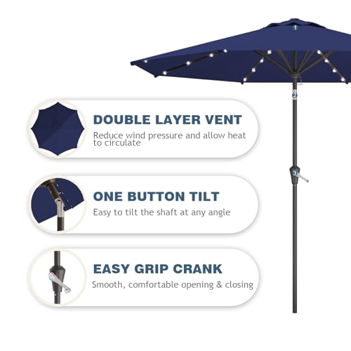 9FT Patio Umbrella with Solar Lights,Outdoor Market Umbrella with Tilt and Crank, LED Lighted Table Umbrella for Garden,Deck,Backyard,Pool,Beach (Navy) - color: Navy