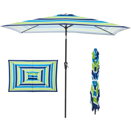 JEAREY 6.5x10 ft Rectangular Patio Umbrellas Rectangle Outdoor Umbrella with Push Button Tilt and Crank, Market Table Umbrella 6 Sturdy Ribs UV Protection for Poolside Garden Backyard Deck, Blue-Green Stripe - color: Blue-Green Stripe