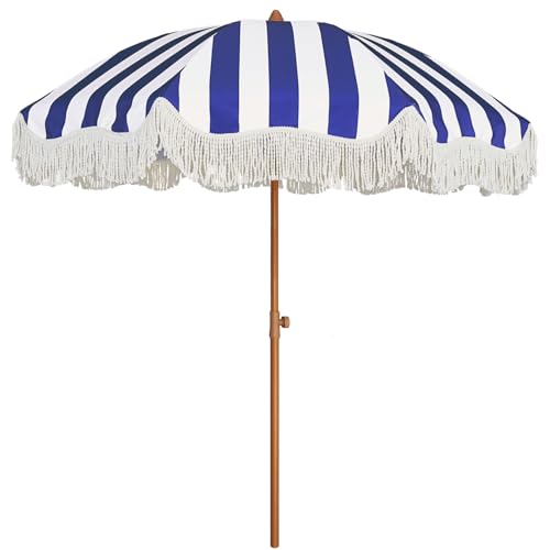 AMMSUN Boho Fringe Umbrella Outdoor Patio, 6.5ft UPF50+ Picnic Umbrella with Tassels with Steel Pole and Push Button Tilt, Navy Stripe - color: Navy Stripe