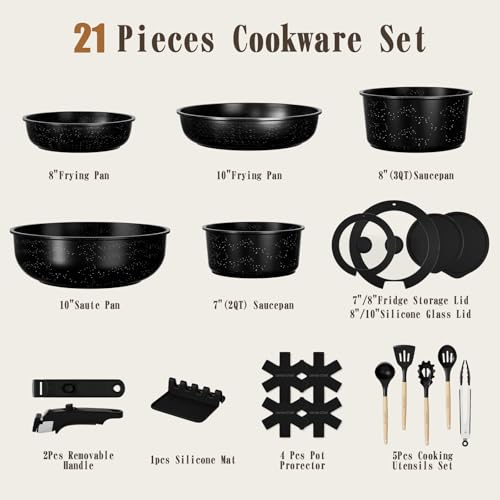 Umite Chef 21Pcs Pots and Pans Set Non Stick, Nonstick Cookware Sets Detachable Handle, Non Toxic Induction RV Kitchen Cooking Set, Dishwasher/Oven Safe, Fridge Safe, Space Saving(Black) - color: Black