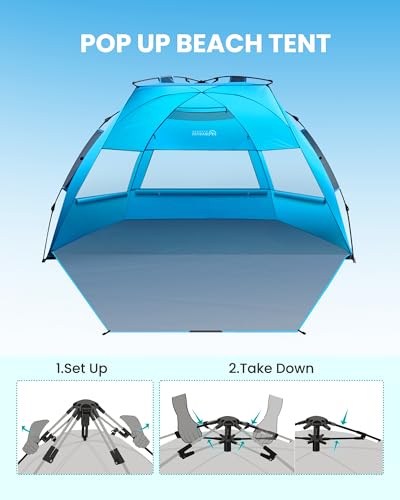 OutdoorMaster Beach Tent Sun Shelter for 3-4 Person, Pop Up Beach Tent Easy Setup with Sandbags, Portable Sun Shade Canopy with Carrying Bag for Beach & Outdoor, UPF50+ UV Protection, Family Size - color: Blue, size: X-Large