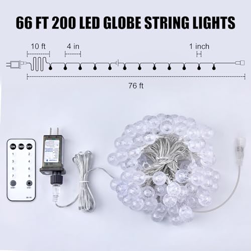 Minetom Crystal Globe String Lights Plug in - 66 ft 200 LED Globe Fairy String Lights with Remote and Timer, Waterproof for Bedroom Tent Loft Bed Window Porch Patio Wedding Holiday Decor, Warm White - color: 66 FT - Warm White