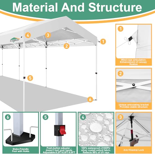 COBIZI Carport 10x30 Pop Up Canopy Car Tent with One Push Center Lock, Outdoor Portable Garage Tents for Parties UPF50+ Waterproof All-Season Car Canopy with Wheeled Bag,3 Sidewalls, Adjustable Height - color: White, size: 10x30 FT