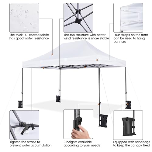 Yaheetech Heavy Duty Pop Up Canopy Tent, 10x15 Commercial Instant Shelter Tent, Outdoor Adjustable Canopy with Wheeled Bag, 4 Sandbags & 8 Stakes, White - color: White, size: 10x15
