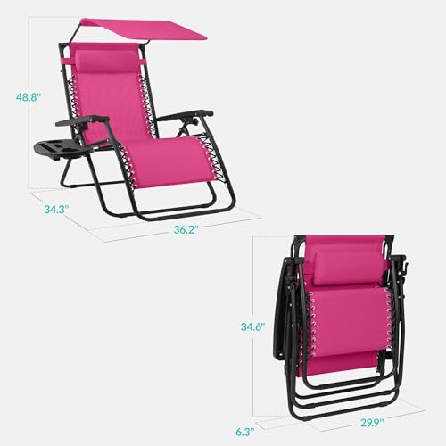 Best Choice Products 30” Wide Folding Zero Gravity Outdoor Recliner Patio Lounge Chair w/Adjustable Canopy Shade, Headrest, Side Accessory Tray - Hot Pink/Black - color: Hot Pink/Black, size: Oversized Extra Wide