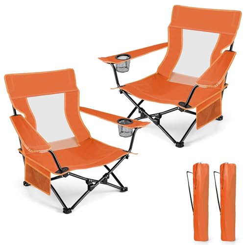 HaSteeL Folding Beach Chair Set of 2, Foldable Orange Camping Chairs for Outside, Low Beach Chair Portable for Adults Fishing, Picnic, Outdoor BBQ, Travel, Sports, Cup Holder & Storage Bag - color: Orange Chairs