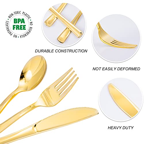 N9R 500PCS Gold Plastic Silverware - Gold Plastic Cutlery Set Disposable Flatware Dinnerware -200 Forks, 150 Spoons, 150 Knives for Party, Birthday, Wedding Utensils - color: Gold-500Pack