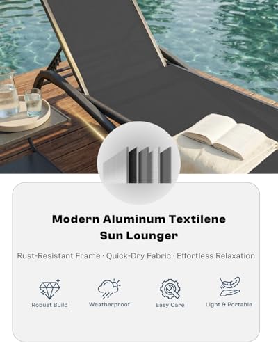 3-Piece Patio Chaise Lounge Set with Side Table, Set of 2 Adjustable Pool Chairs and Aluminum Bistro Table, All-Weather Outdoor Furniture for Pool Deck, Patio & Tanning, Black - color: Black, size: 3-piece Set: 2 Chairs + 1 Table