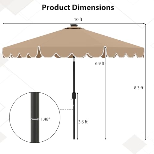 Tangkula 10FT Solar LED Patio Umbrella, 2-Tiers Scalloped Outdoor Table Market Umbrella with 24 LED Lights, Vented Top, Tilt Adjustment, Crank, 8 Ribs for Backyard Poolside Deck Beach Lawn (Coffee) - color: Coffee, size: 10Ft