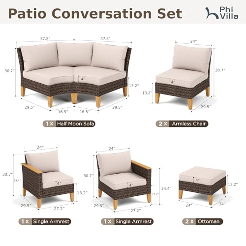 PHI VILLA 7-Piece Curved Patio Furniture Set, Half-Moon Wicker Sectional Furniture Sofa Set for 8 Seats with Cushioned 1 Curved Sectionals, 2 armless Seats, 2 one armrest Sofas and 2 Ottomans, Beige - color: Beige, size: 8 Seats - Curved
