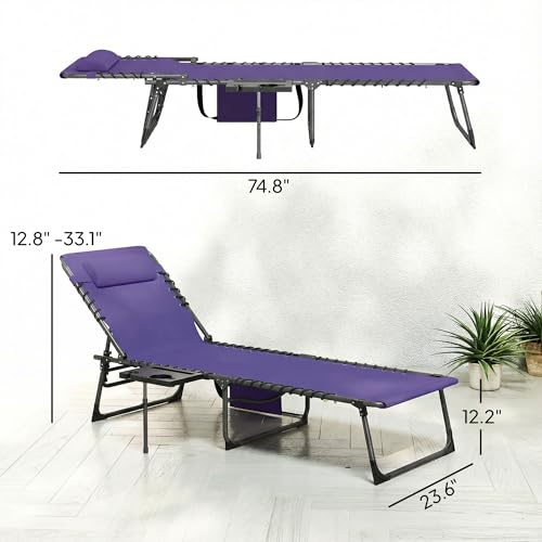Outsunny Folding Chaise Lounge Chair Outdoor Tanning Chair with Side Table, 5-Level Adjustable Beach Lounge Chair with Headrest, Side Pocket for Patio, Backyard, Beach, Poolside, Purple - color: Purple