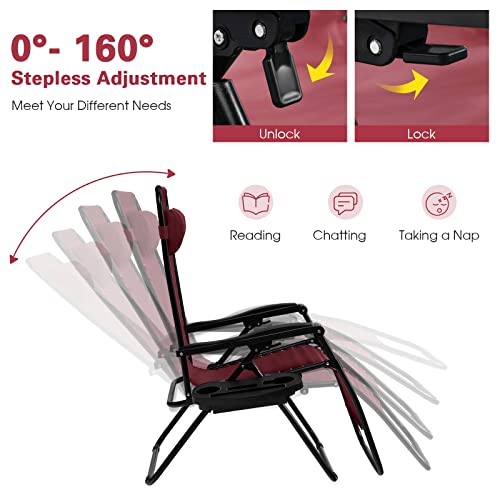 Goplus Zero Gravity Lounge Chairs, 160°Adjustable Folding Recliner w/Pillow and Cup Holder, 350LBS Comfy Outdoor Lounge Chairs for Patio, Lawn, Yard & Camp(Set of 2, Wine) - color: Wine, size: 35.4" x 25.2" x 43.3" (Set of 2)