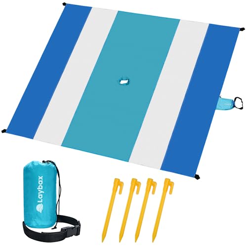 Blue Beach Blanket with Umbrella Hole 7ftx5ft- Water Resistant, Sandproof, Lightweight, Rip-Stop Nylon with Umbrella Hole & Sand Pockets, Camping Essentials, Beach Canopy Compatible - color: Blue, size: 7x5