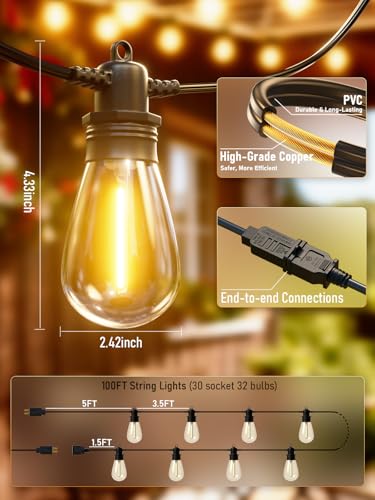 100FT LED Outdoor String Lights with 30 Edison Shatterproof IP65 Waterproof Bulbs, 2700K Dimmable Commercial Grade Patio Lights, Heavy Duty Outside Hanging Light for Garden Porch Deck Decor - size: 100 FT