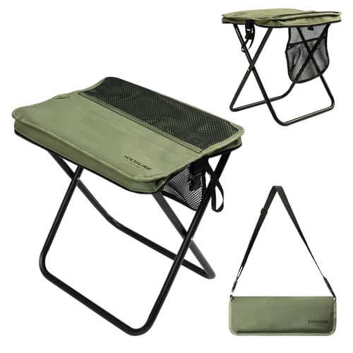 16" Extra Tall Portable Folding Stool for Adults, X-Large Collapsible Camping Chair with 3 Storage Pockets, Heavy Duty Travel Seat for Fishing, Hiking, Gardening - color: Green