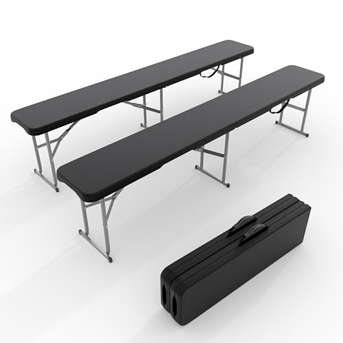 GarveeLife Portable Folding Bench 6 Foot 2 Pack, Plastic Foldable Bench HDPE BenchTop with Carrying Handle for Outdoor Picnic Camping Party Sports Activities - Black - color: Black, size: 2 Pack