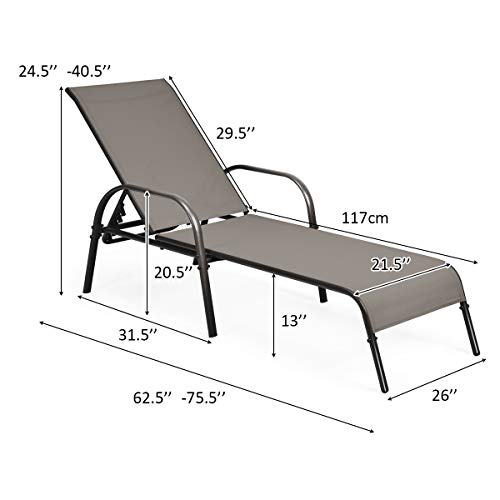 Tangkula Lounge Chair Outdoor, Patio Chaise Lounge with Adjustable Backrest, Reclining Pool Lounge Chair for Outside with Heavy Duty Steel Frame, Suitable for Beach, Yard, Balcony, Poolside - color: Brown