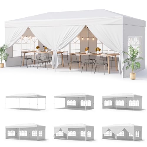 Bealife 10x20 Pop-Up Canopy Tent with 6 Removable Sidewalls, One Push Party Tent Outdoor Waterproof Canopy for Parties Commercial Wedding, 3-Height Adjustable Easy Set Up Gazebo, Carry Bag, (White) - color: White