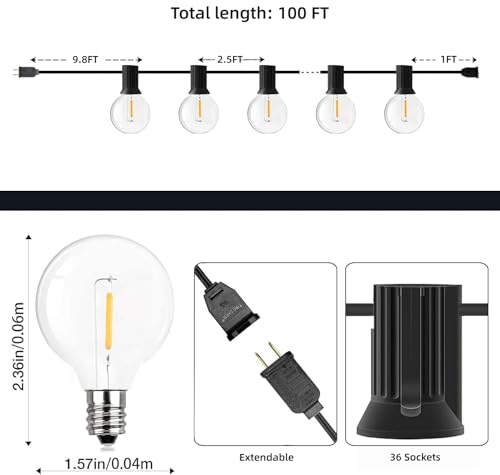 GPATIO Outdoor String Lights, 100FT G40 Bulbs Shatterproof Patio Lights, Waterproof Dimmable Hanging Outdoor Lights, Connectable LED Outside Lights for Backyard Yard Gazebo Porch Party - size: 100ft