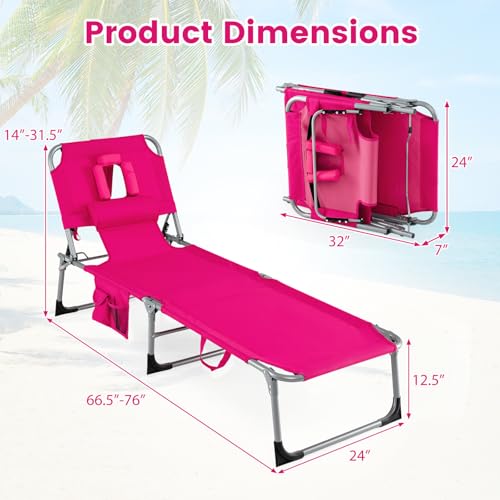 COSTWAY Tanning Chair with Face Hole, Folding Beach Lounge Chair with 4-Position Adjustable Backrest, Pillow & Side Pocket, Foldable Chaise Lounge Chair Outdoor for Sunbathing, Camping (1, Pink) - color: Pink