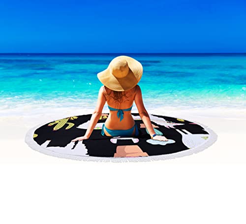 Benefeet Sox Beach Towel Large Round Mandala Pool Towels Tassels Microfiber Quick Dry Beach Blanket Throw Bohemian Roundie Swim Pool Circle Towel, 59 Inches - color: Cute Llama Cactus; Black