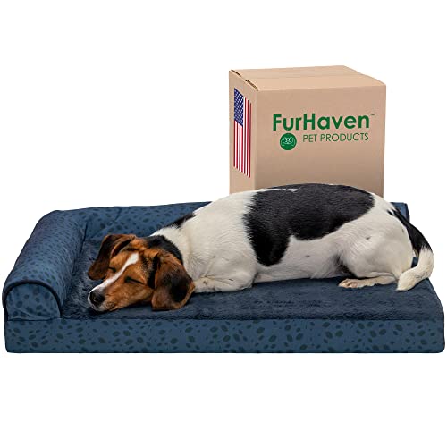 Furhaven Cooling Gel Dog Bed for Medium/Small Dogs w/ Removable Bolsters & Washable Cover, For Dogs Up to 35 lbs - Plush & Almond Print L Shaped Chaise - Blue Almonds, Medium - color: (Plush & Almond Print) Blue Almonds, size: Medium