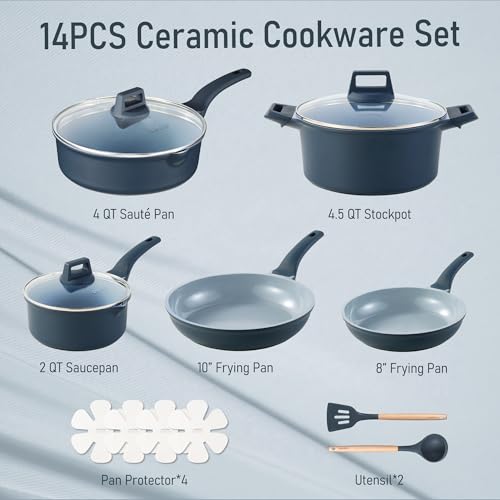 CAROTE 14 Pcs Ceramic Cookware Set, Pots and Pans Set Non Stick with Ceramic Coating, Induction Kitchen Sets - color: Blue