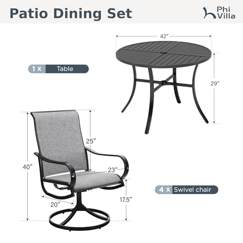 PHI VILLA 5 Piece Outdoor Patio Dining Set with 4 Swivel Dining Chairs & 1 Large Round Dining Table, Gray Textilene Mesh Fabric Chair and Round Metal Table for All Weather Deck Lawn Garden - color: Grey Fabric, size: 42" Dia x 28"H-5 Piece-Metal