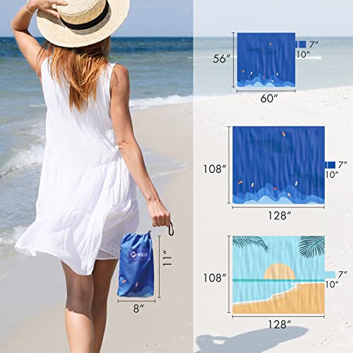 VILLEY Extra Large Waterproof Sandproof Beach Mat 128"x108", Oversized Blanket with 8 Stakes & 4 Corner Pockets, Outdoor Accessories for Travel, Camping - color: Blue Wave
