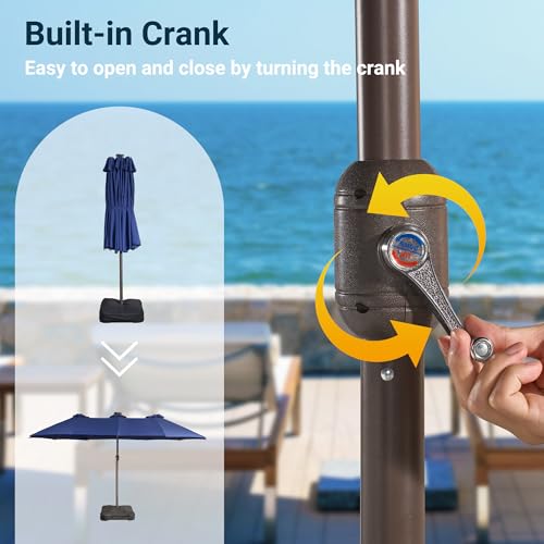 HOOOWOOO Outdoor Patio Umbrella With Solar Light,15 Ft Large Beach Umbrella,UV Protection Picnic Market Parasol Sunshade W Base Crank Handle For Backyard Deck Pool Shade - color: Navy Blue