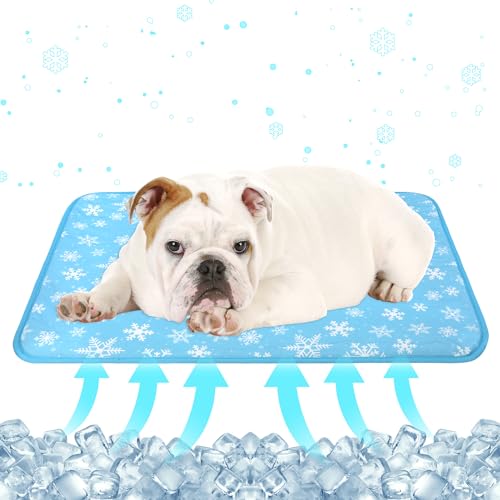 DELIFUR Cat Cooling Mat- Pet Cooling Mat Outdoor for Dogs Self Cooling Pad for Kitten Cat Puppy Machine Washable (Medium, Blue Snowflake) - color: Blue Snowflake, size: M: 27.5" x 19.5"