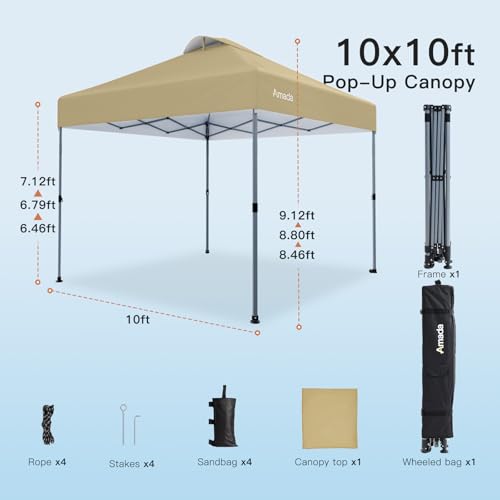 Amada 10x10 Pop Up Canopy Tent, 1-Button Push Easy-up Outdoor Canopy Beach Tent with 3-Height Adjustable Waterproof Shade Shelter, Wheeled STO-N-Go Bag 8 Stakes, 4 SandBags (Khaki) - color: Khaki, size: 10x10ft