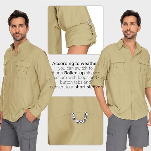 Mens Safari Shirts Long Sleeve UV Protection Hiking Fishing UPF 50+ Quick Dry Camping Travel Shirts - color: Mud, size: 3X-Large