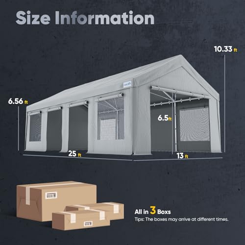 Quictent Heavy Duty 13x25 ft Carports with Side Zipper Doors & Snowproof Steel Cables & Ventilated Windows, Waterproof Storage Shelter for Car, Boat, RV, Outdoor Equipment, Gray - color: Gray, size: 13'x25'