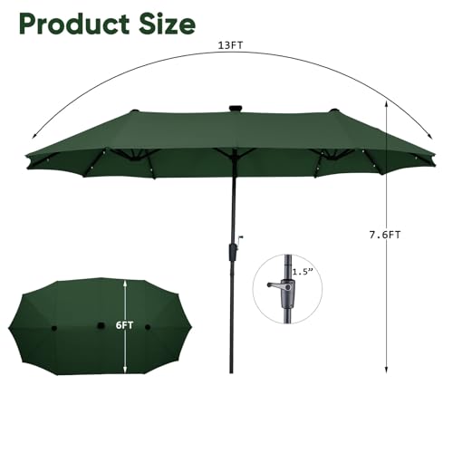 13Ft Large Patio Umbrella with Solar Lights Outdoor Double-Sided Market Table Umbrella Easy Crank for Yard, Poolside, Deck-Green - color: Green, size: 13FT Umbrella+Light