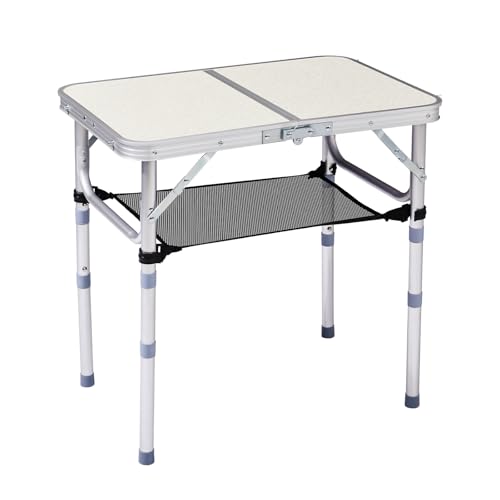 Outdoor Folding Camping Table, 2ft Portable Pinic Table with 3 Adjustable Height, Small Aluminum Foldable Lightweight Patio Side Table with Carry Handle for Outdoor Indoor Hiking Camp BBQ Beach, White