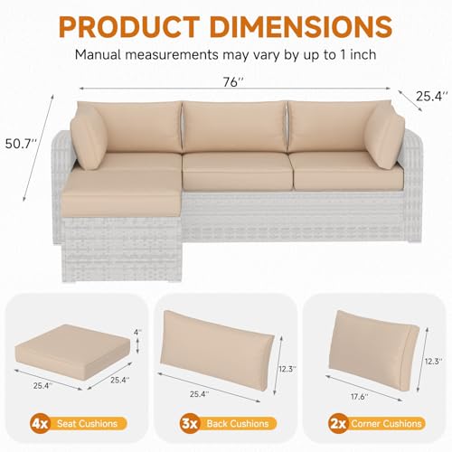 HOMREST Outdoor Replacement Cushions for Patio Furniture,Water-Repellent Sofa Cushion for 4-Seat Rattan Wicker Sectional Patio Conversation Sets,9-Piece Cushions Set for Outdoor Couch,Khaki - color: Khaki, size: 4 Seat