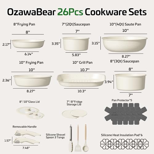 26 Pcs Pots and Pans Set Non Stick, Ceramic Cookware Set Non Toxic with Detachable Handles, Healthy Induction Cookware Oven Safe RV Kitchen Set, PFAS PFOA & PTFE Free, Cream White - size: 26Pcs