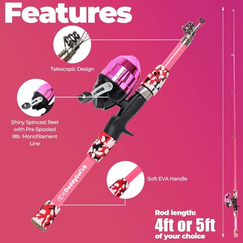 DaddyGoFish Kids Fishing Pole - Rod Reel Combo Tackle Box Starter Set - First Year Small Gear Kit for Boys Girls Toddler Youth Age Beginner Little Children - color: 2 Pack- Pink + Pink (Essential Set), size: 4ft