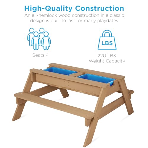 Best Choice Products Kids 3-in-1 Sand & Water Table, Wood Outdoor Convertible Picnic Table w/Umbrella, 2 Trays, Removable Top - Green - color: Green